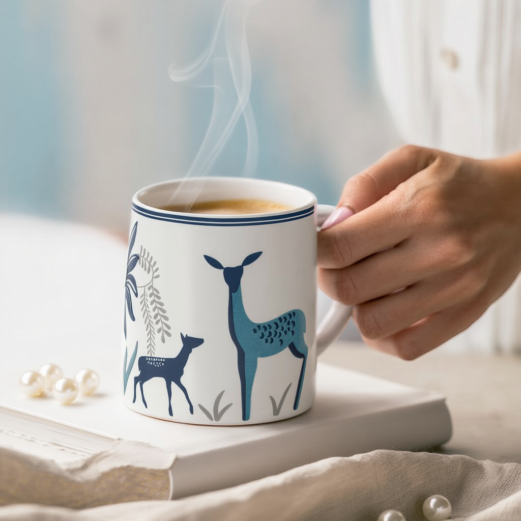 The Deluxe Creations Deer Print Ceramic Mug Set | Minimal Aesthetic Design | Premium Coffee & Tea Cup | 200 ML | Home & Gifting