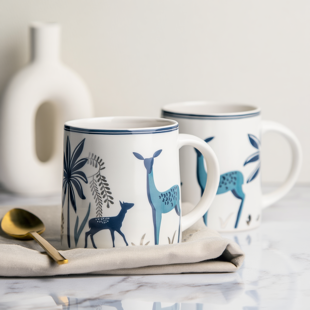 The Deluxe Creations Deer Print Ceramic Mug Set | Minimal Aesthetic Design | Premium Coffee & Tea Cup | 200 ML | Home & Gifting
