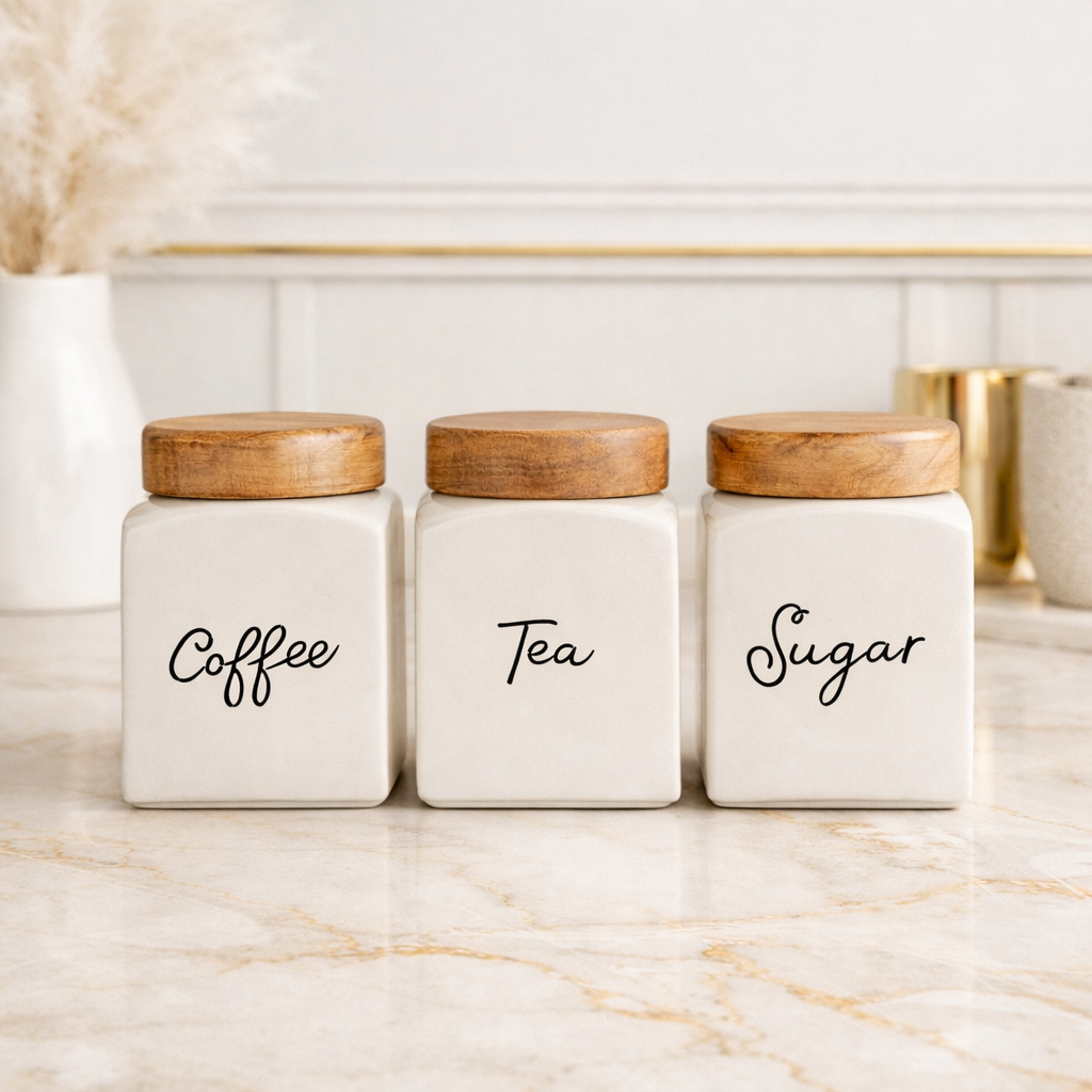 The Deluxe Creations Airtight Ceramic Storage Jars Set of 3 – Tea, Coffee & Sugar Canisters with Wooden Lid (500ml Each)
