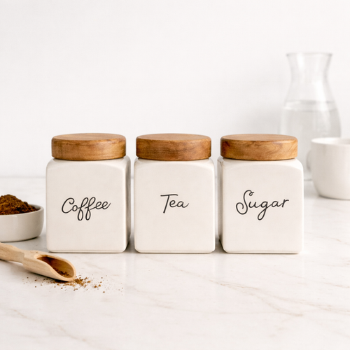 The Deluxe Creations Airtight Ceramic Storage Jars Set of 3 – Tea, Coffee & Sugar Canisters with Wooden Lid (500ml Each)