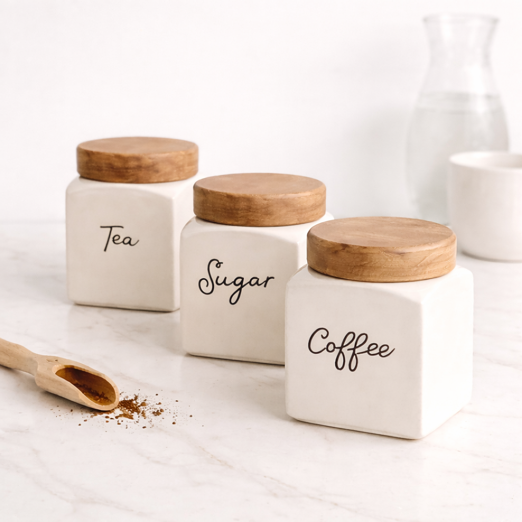 The Deluxe Creations Airtight Ceramic Storage Jars Set of 3 – Tea, Coffee & Sugar Canisters with Wooden Lid (500ml Each)