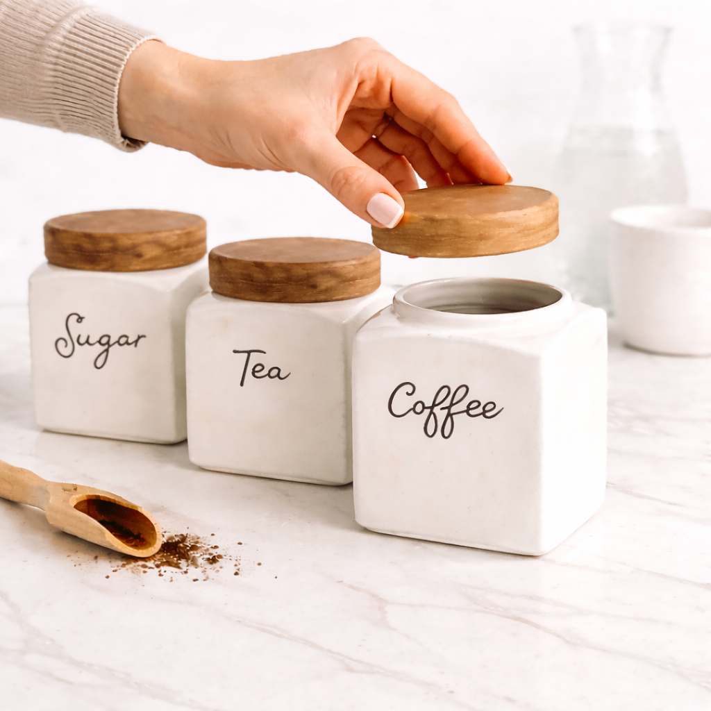 The Deluxe Creations Airtight Ceramic Storage Jars Set of 3 – Tea, Coffee & Sugar Canisters with Wooden Lid (500ml Each)