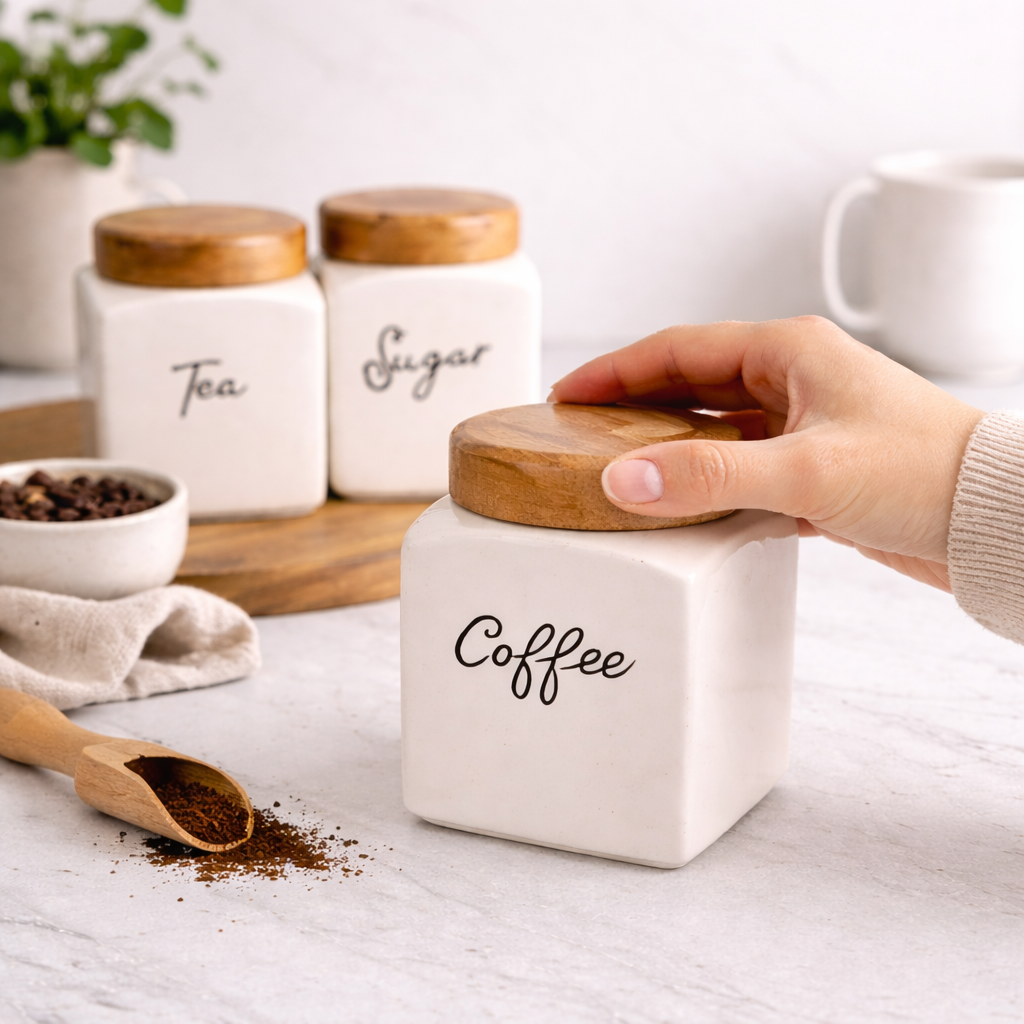 The Deluxe Creations Airtight Ceramic Storage Jars Set of 3 – Tea, Coffee & Sugar Canisters with Wooden Lid (500ml Each)