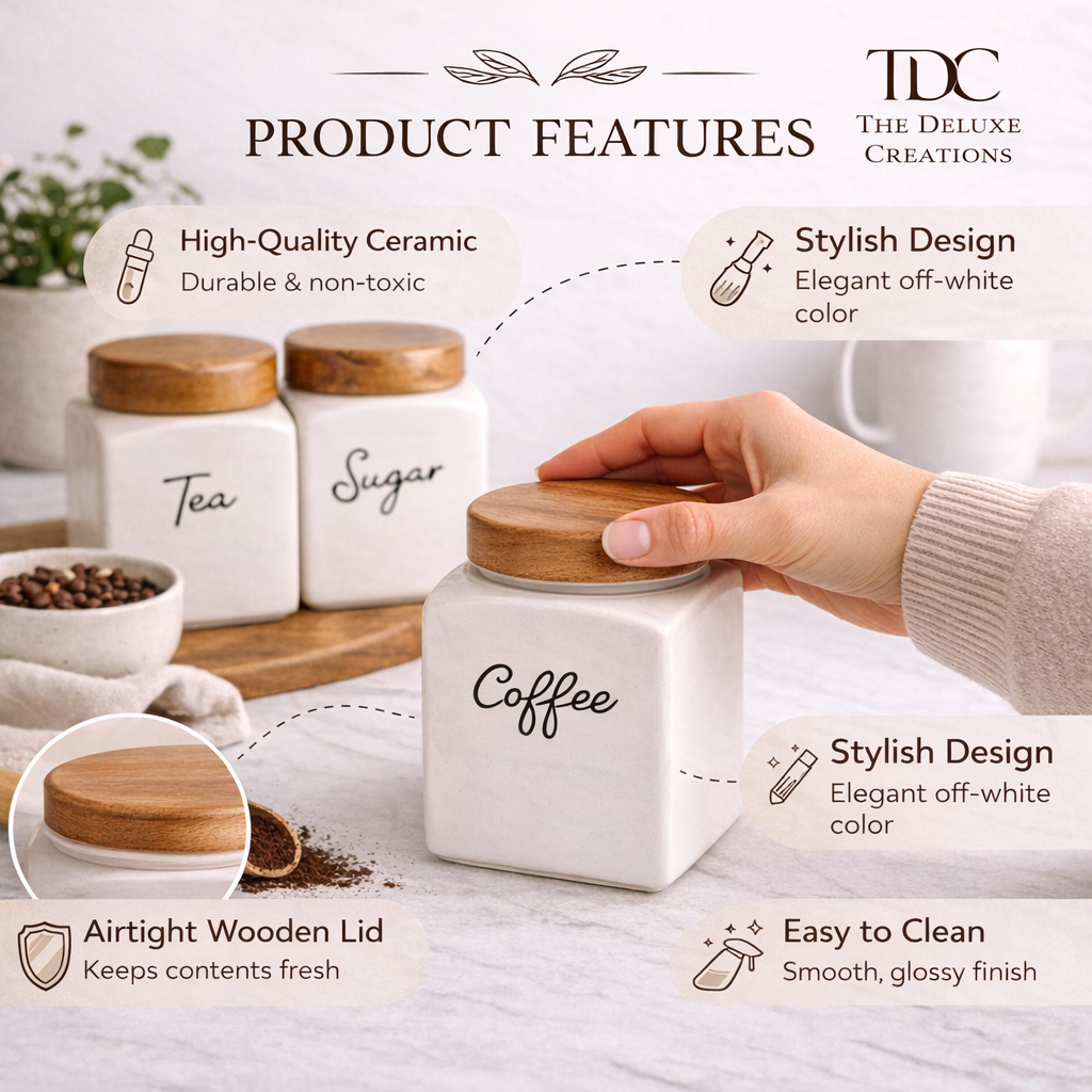 The Deluxe Creations Airtight Ceramic Storage Jars Set of 3 – Tea, Coffee & Sugar Canisters with Wooden Lid (500ml Each)