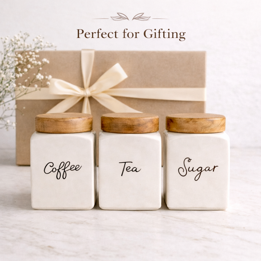 The Deluxe Creations Airtight Ceramic Storage Jars Set of 3 – Tea, Coffee & Sugar Canisters with Wooden Lid (500ml Each)