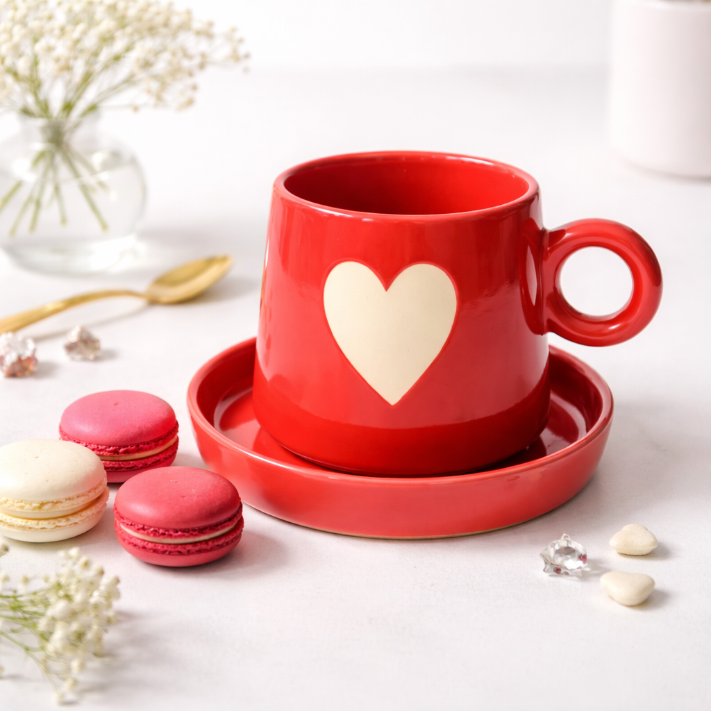 The Deluxe Creations Red Heart Ceramic Coffee Mug & Saucer – 250 ml