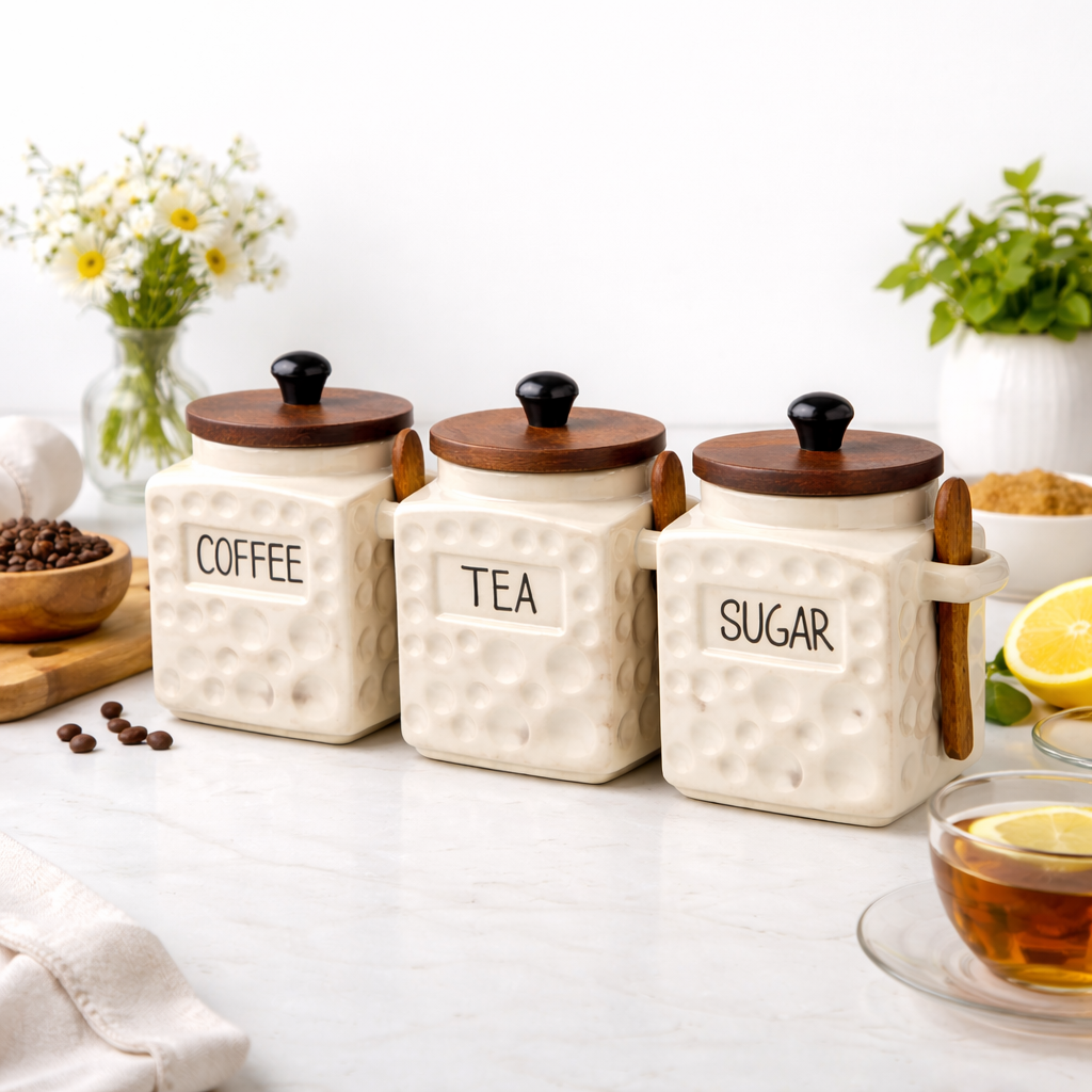 The Deluxe Creations Ceramic Tea, Coffee & Sugar Jar Set with Wooden Lids & Spoons – 500 ml (Set of 3)