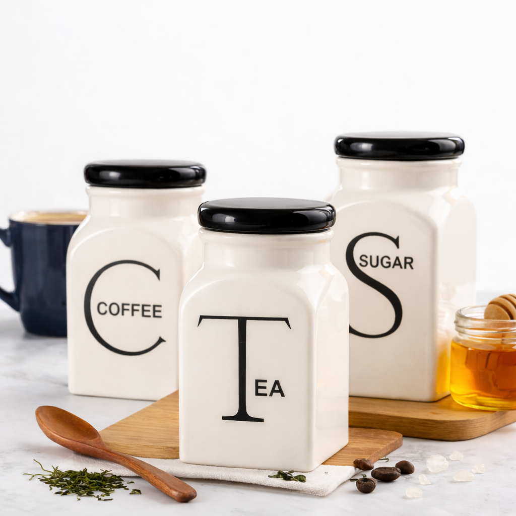 The Deluxe Creations Ceramic Tea, Coffee & Sugar Jar Set – Airtight Storage Jars (250ml Each)