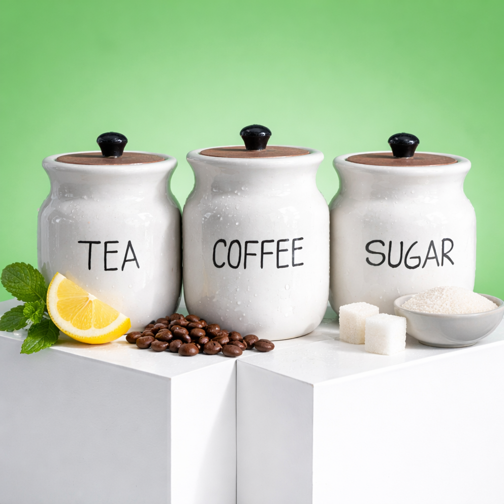 The Deluxe Creations Ceramic Tea Coffee Sugar Jar Set with Wooden Lid – Premium Kitchen Storage Containers for Modern Homes