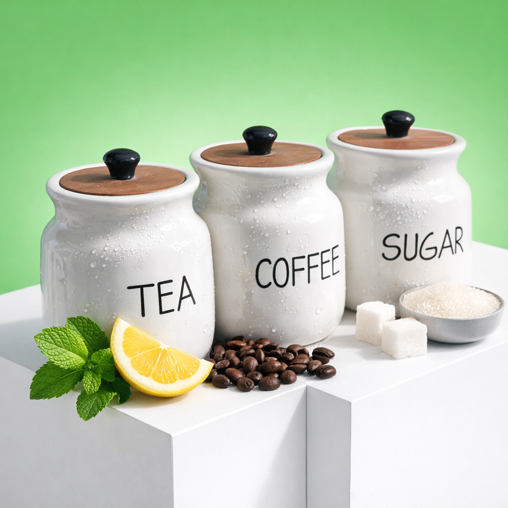 The Deluxe Creations Ceramic Tea Coffee Sugar Jar Set with Wooden Lid – Premium Kitchen Storage Containers for Modern Homes
