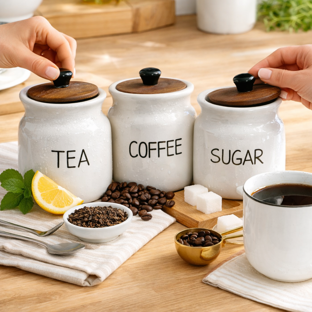 The Deluxe Creations Ceramic Tea Coffee Sugar Jar Set with Wooden Lid – Premium Kitchen Storage Containers for Modern Homes