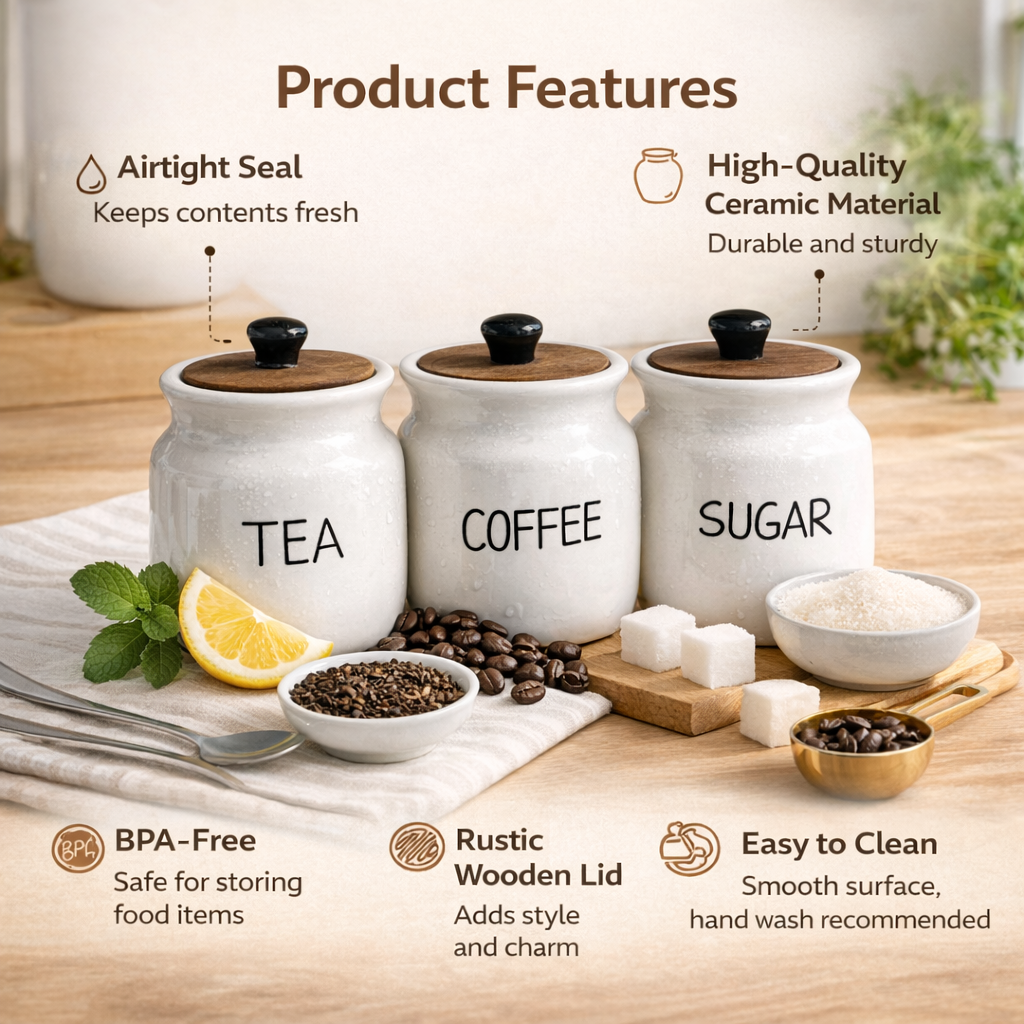 The Deluxe Creations Ceramic Tea Coffee Sugar Jar Set with Wooden Lid – Premium Kitchen Storage Containers for Modern Homes