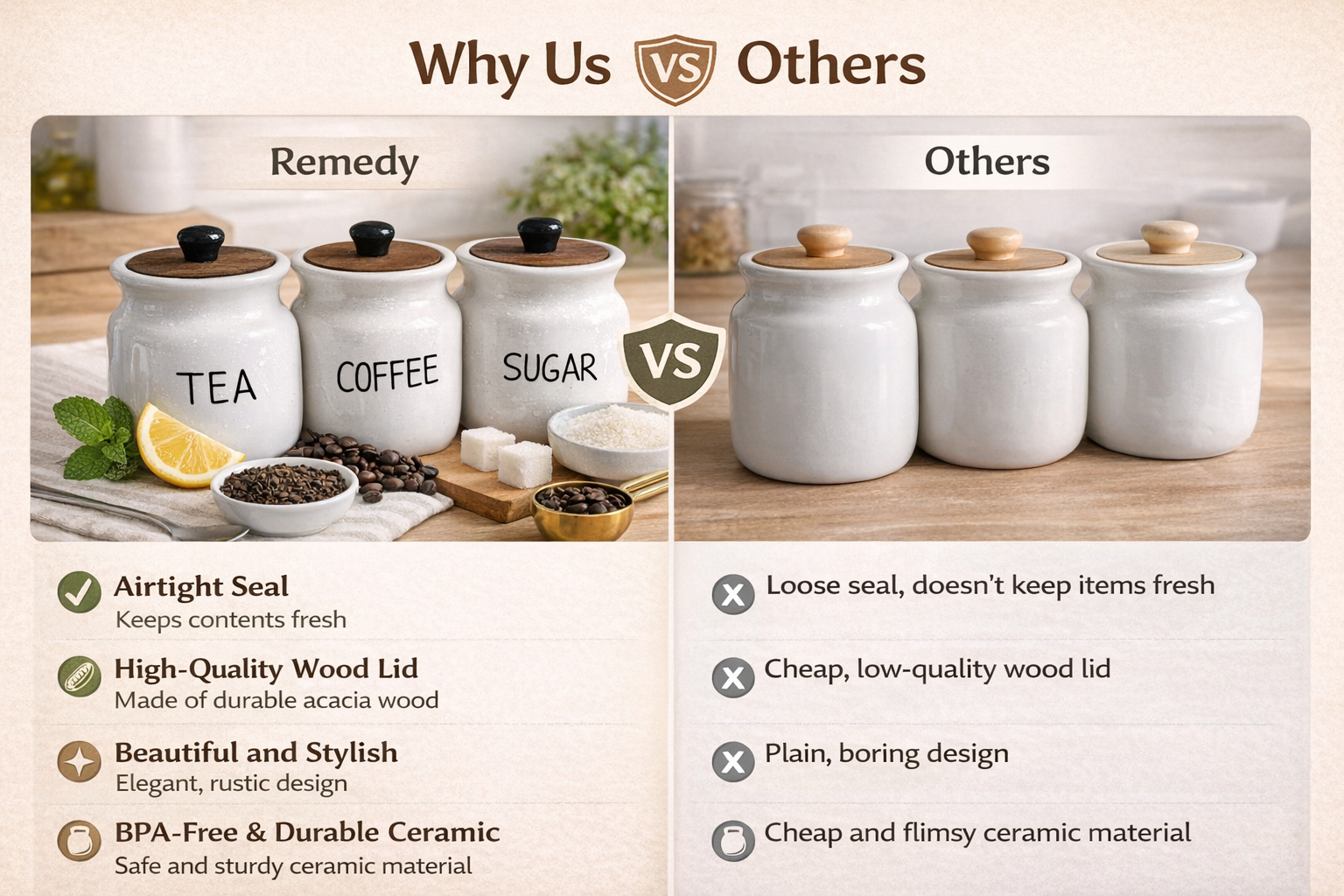 The Deluxe Creations Ceramic Tea Coffee Sugar Jar Set with Wooden Lid – Premium Kitchen Storage Containers for Modern Homes