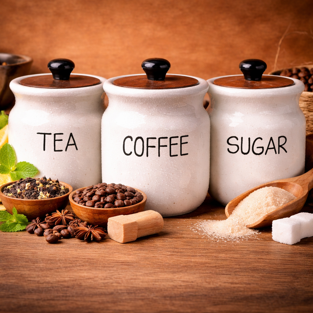 The Deluxe Creations Ceramic Tea Coffee Sugar Jar Set with Wooden Lid – Premium Kitchen Storage Containers for Modern Homes