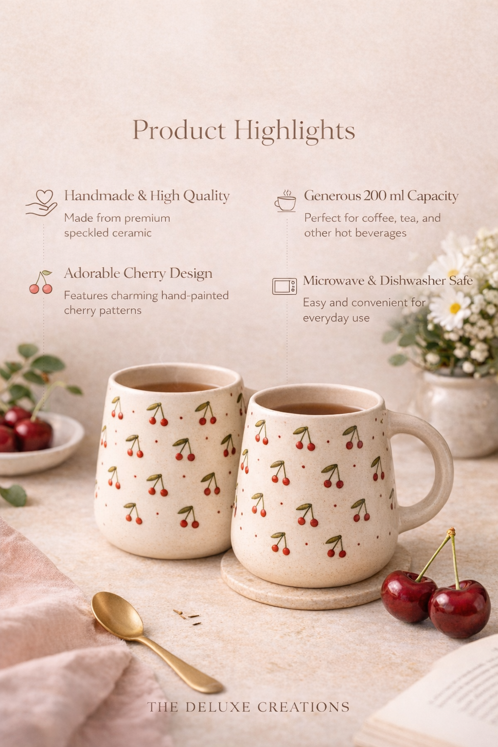 The Deluxe Creations Cherry Ceramic Mug – Handcrafted Minimal Design | Aesthetic Coffee & Tea Mug | 200 ml | Perfect for Gifting & Daily Use