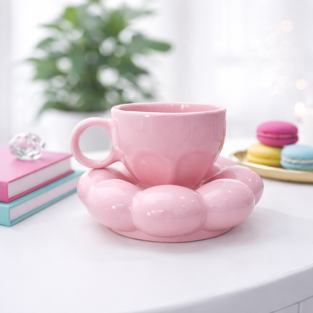 The Deluxe Creations Pink Bubble Ceramic Cup & Saucer Set – 100 ml