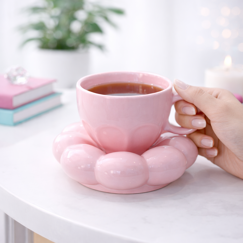 The Deluxe Creations Pink Bubble Ceramic Cup & Saucer Set – 100 ml