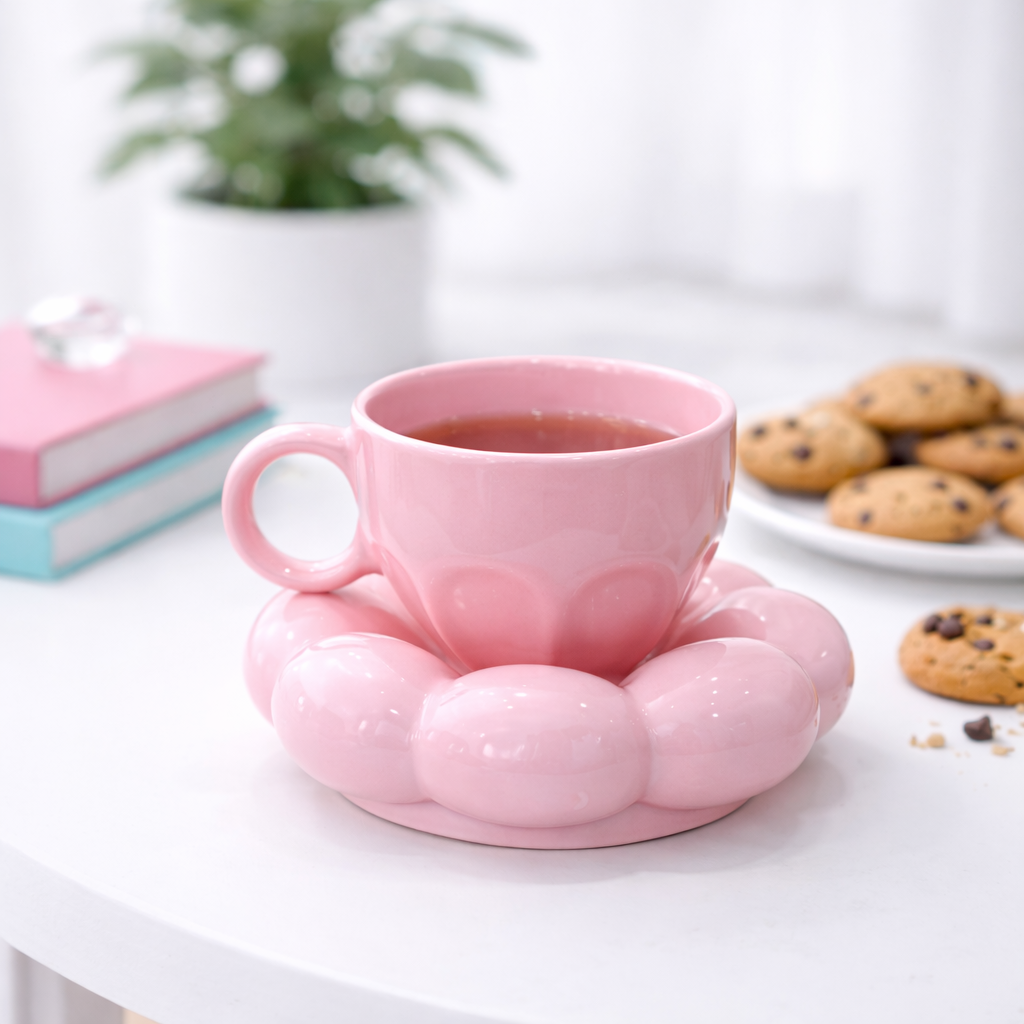 The Deluxe Creations Pink Bubble Ceramic Cup & Saucer Set – 100 ml