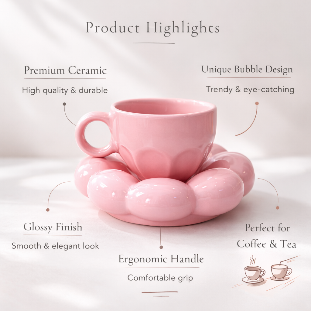 The Deluxe Creations Pink Bubble Ceramic Cup & Saucer Set – 100 ml
