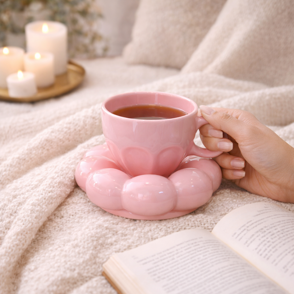 The Deluxe Creations Pink Bubble Ceramic Cup & Saucer Set – 100 ml