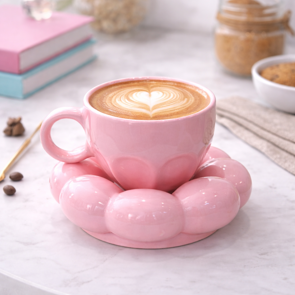 The Deluxe Creations Pink Bubble Ceramic Cup & Saucer Set – 100 ml