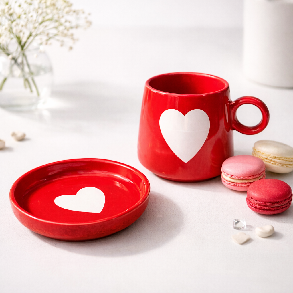 The Deluxe Creations Red Heart Ceramic Coffee Mug & Saucer – 250 ml