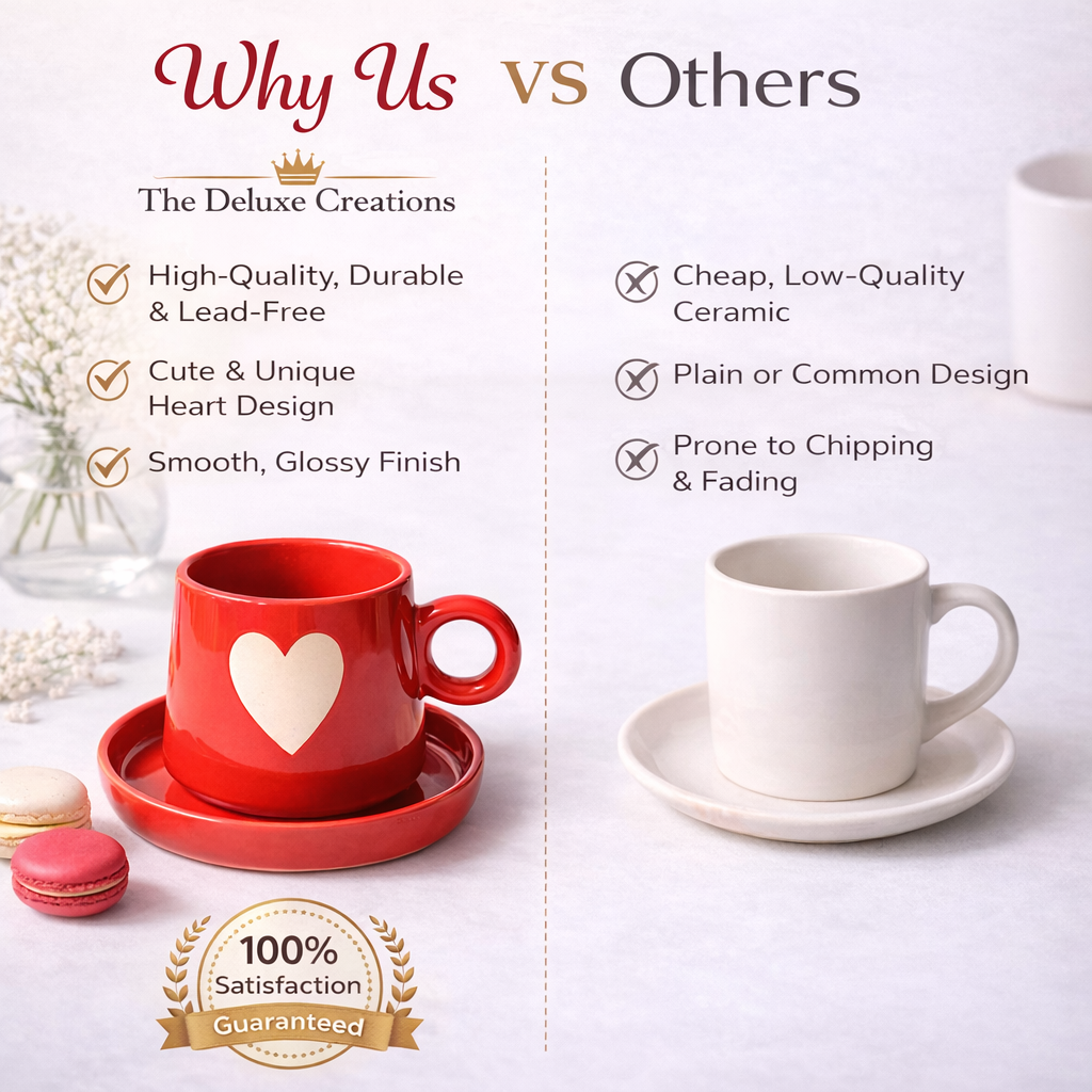 The Deluxe Creations Red Heart Ceramic Coffee Mug & Saucer – 250 ml