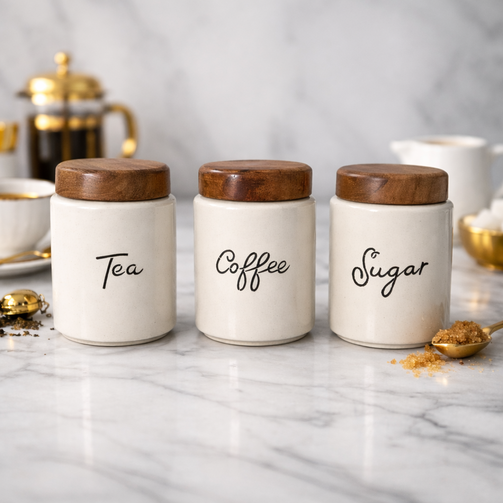 The Deluxe Creations Airtight Ceramic Storage Jars Set of 3 – Tea, Coffee & Sugar Canisters with Wooden Lid (500ml Each)