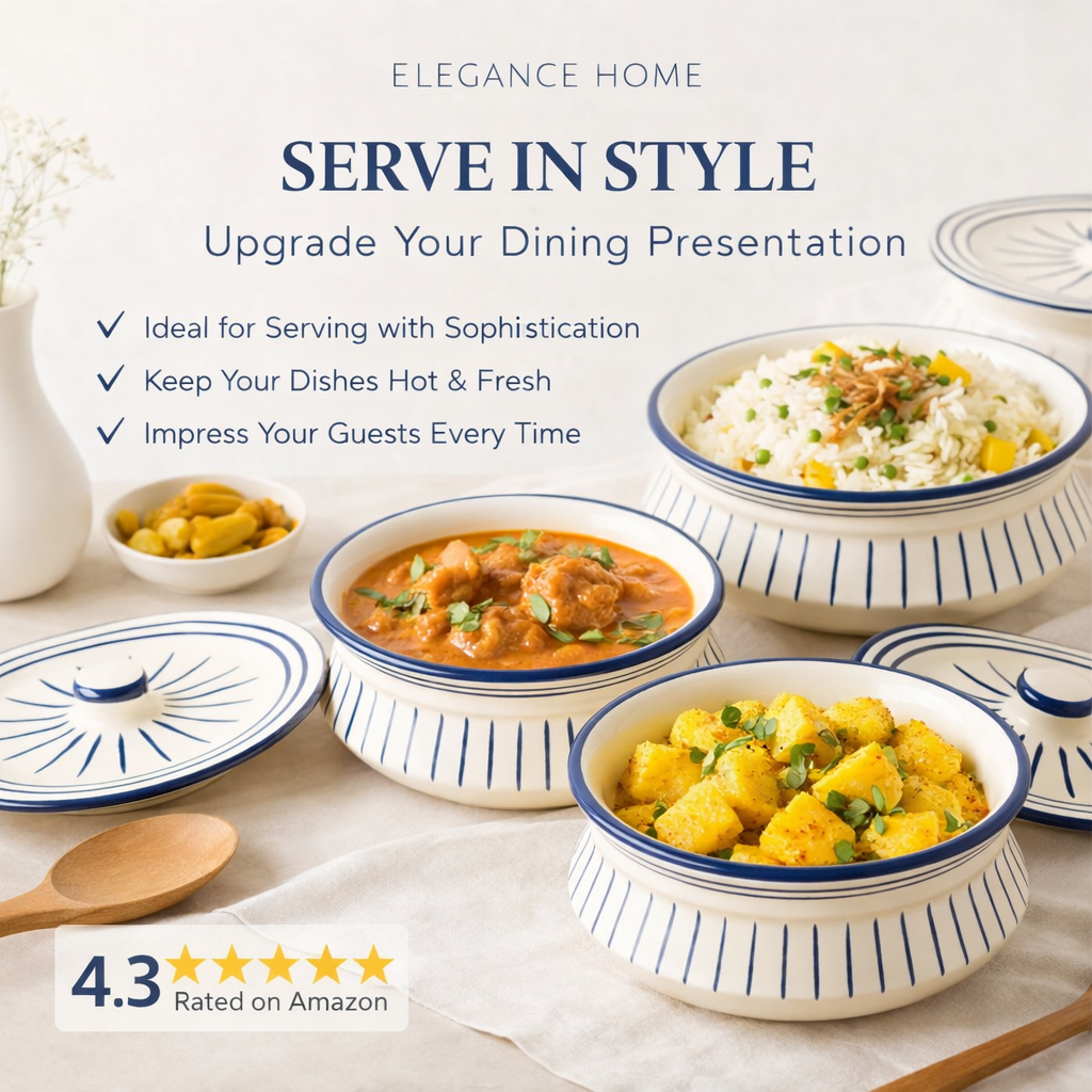 The Deluxe Creations Ceramic Casserole Serving Bowls with Lids – Set of 3 (1200ml, 900ml, 650ml) – Microwave Safe