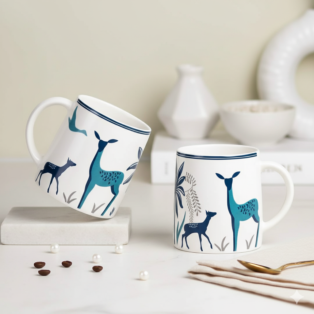 The Deluxe Creations Deer Print Ceramic Mug Set | Minimal Aesthetic Design | Premium Coffee & Tea Cup | 200 ML | Home & Gifting