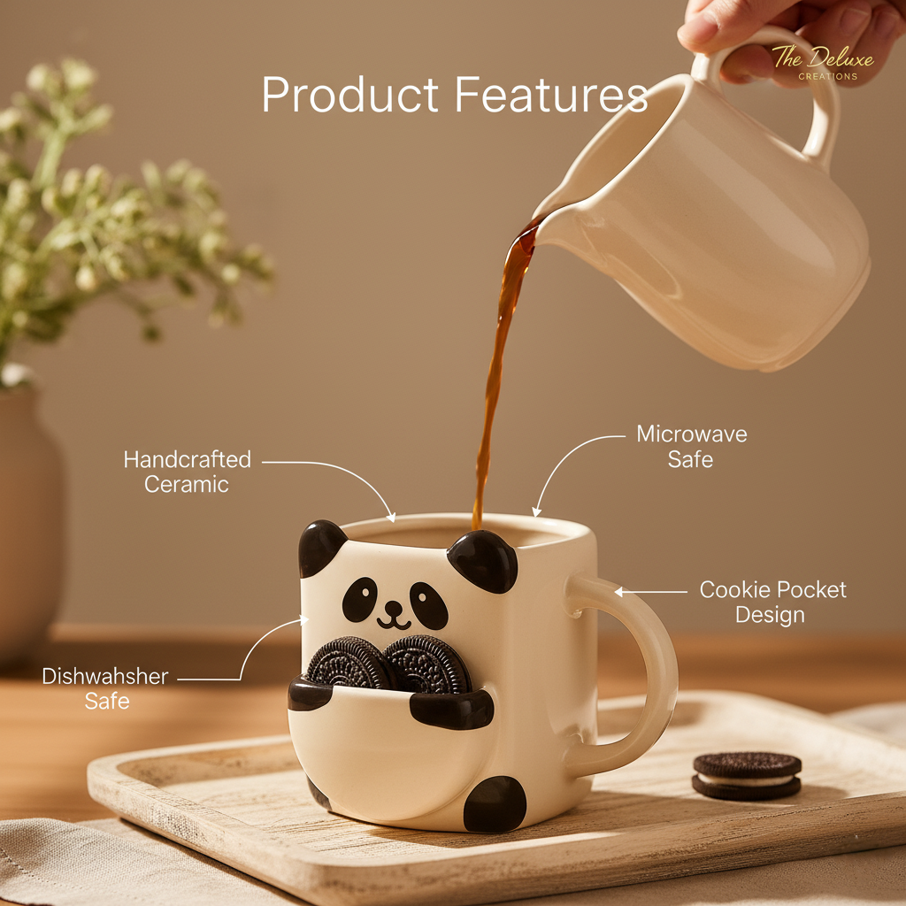The Deluxe Creations Panda Coffee Mug with Biscuit Holder – Cute Ceramic Tea Cup | Built-in Cookie Pocket | Perfect Gift for Coffee Lovers
