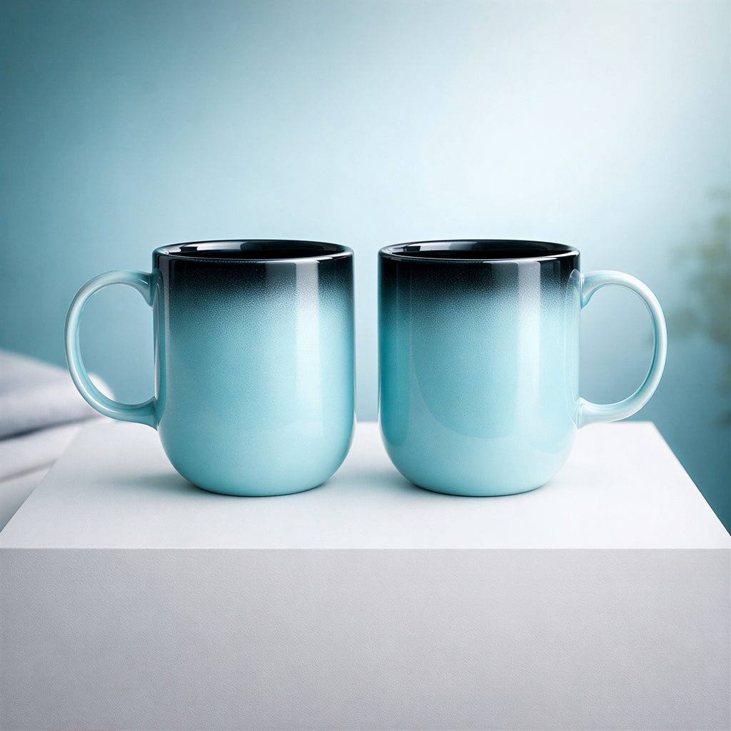 The Deluxe Creations Ombre Ceramic Coffee Mug Set – Aqua Blue to Midnight Gradient, Premium Gloss Finish, 300ml, Perfect for Coffee & Tea