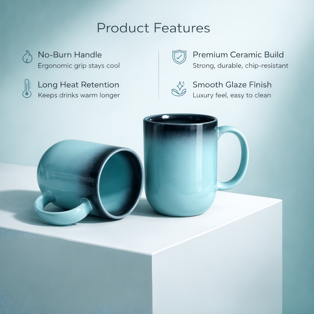 The Deluxe Creations Ombre Ceramic Coffee Mug Set – Aqua Blue to Midnight Gradient, Premium Gloss Finish, 300ml, Perfect for Coffee & Tea