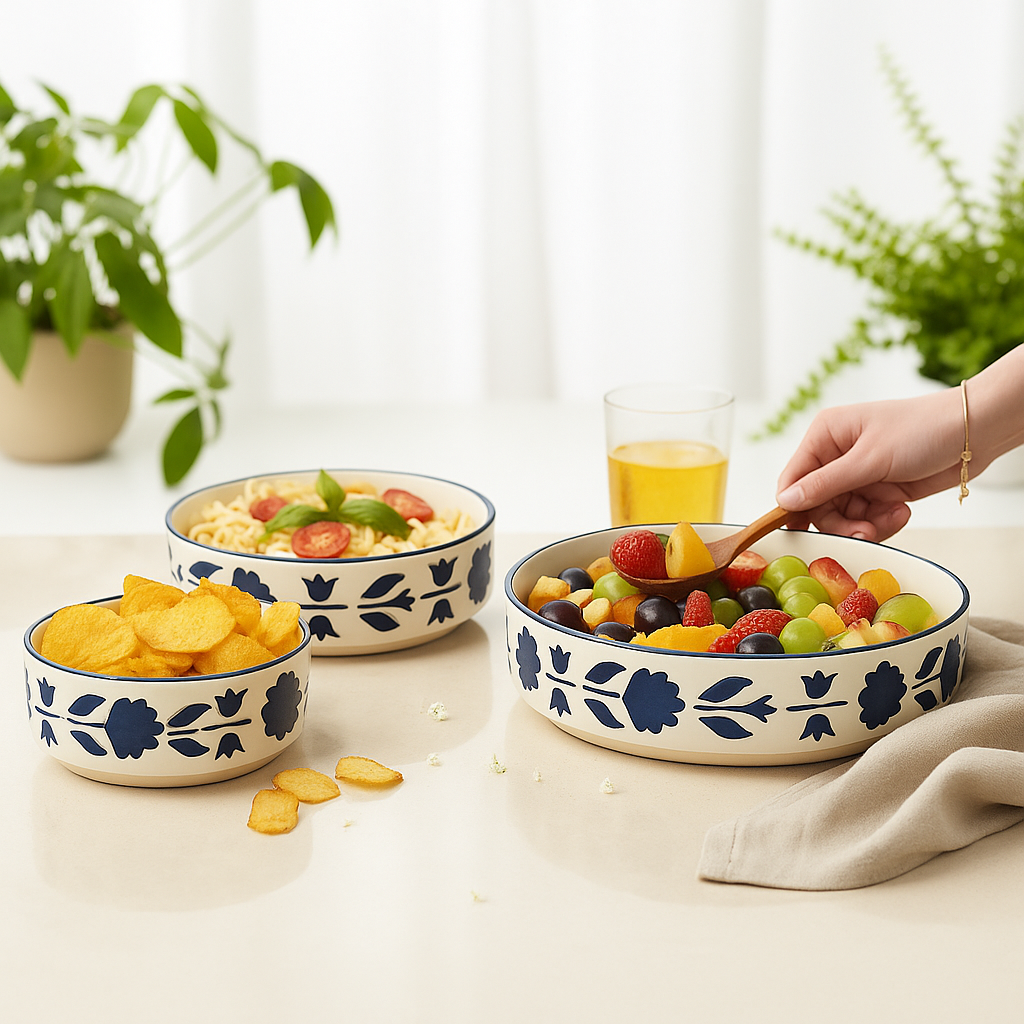 The Deluxe Creations Handcrafted Blue Floral Ceramic Bowl & Plate Set – Set of 3 (5.5”, 6.5”, 7.5”)